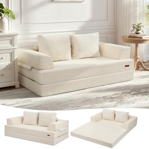 MeMoreCool Sofá-cama conversível, sofá dobrável de veludo con almofadas, sofá sem ossos, confortável sofá de dois lugares para sala de estar e quarto, cor bege